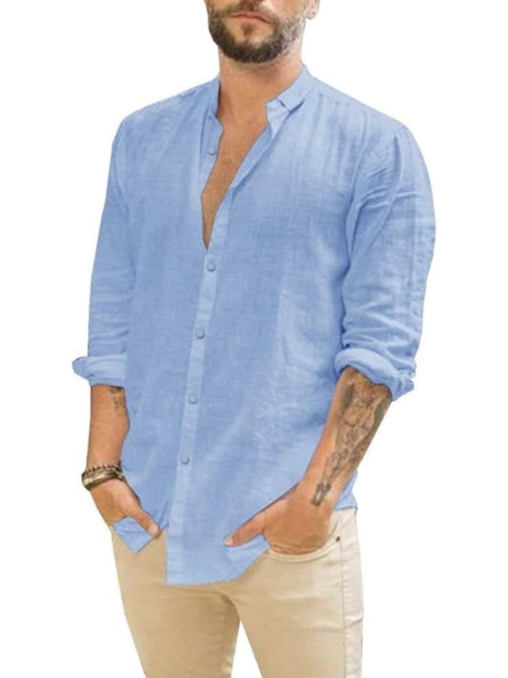 Men's Casual Long Sleeve Cotton Linen Button-Up Shirt - Solid Beach Style Top